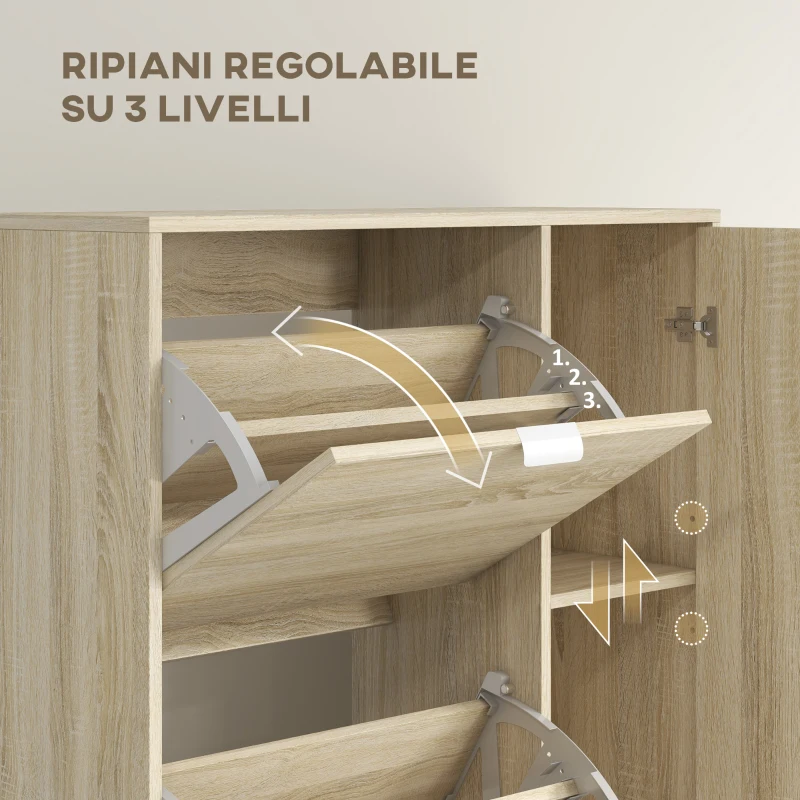 HOMCOM Scarpiera con Specchio per 16 Paia di Scarpe, 4 Cassetti a Ribalta e 2 Armadietti, 82x30x168cm, Rovere(m-6)