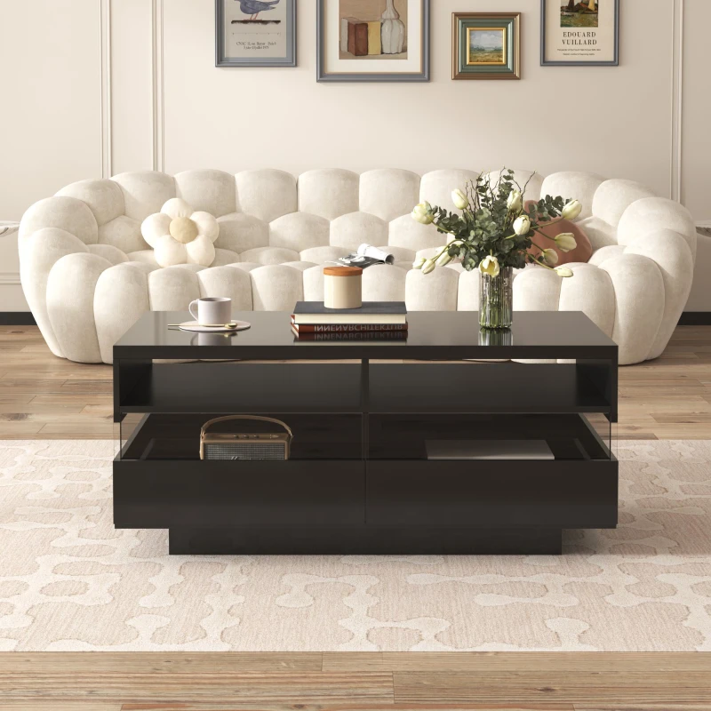 Hochglanz Couchtisch mit LED-Beleuchtung, zwei Ablagefächern und Schubladen, modernes Design, Schwarz