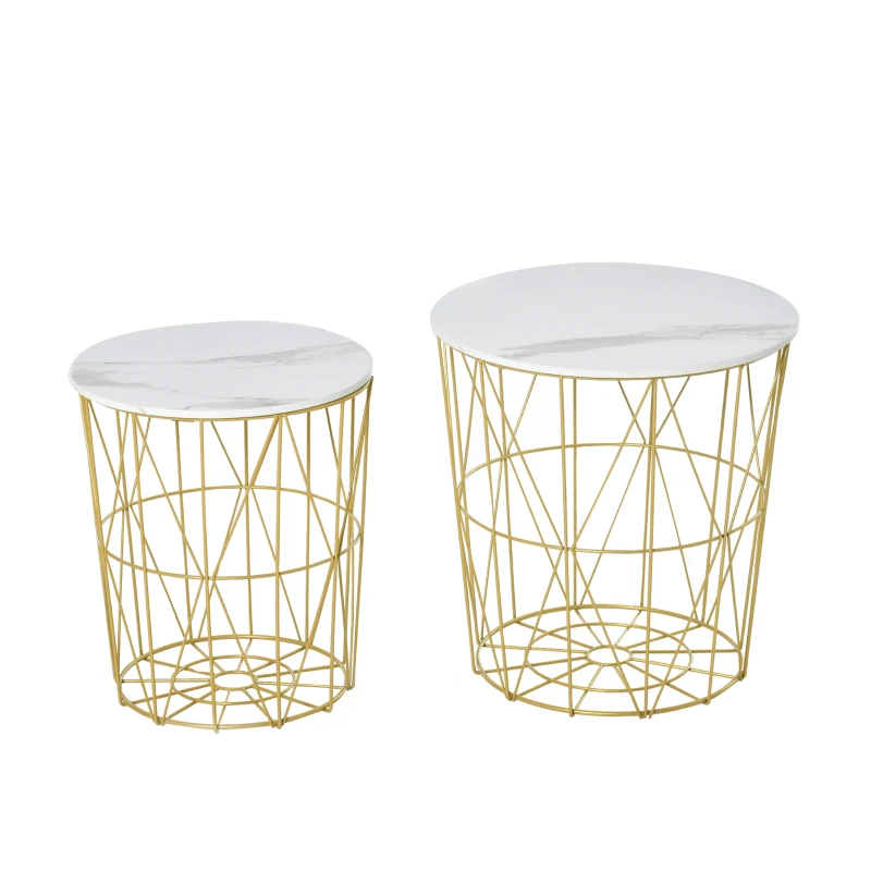 HOMCOM Lot de 2 Tables Basses gigognes - Tables d'appoint Rondes encastrables Style néo-rétro Bicolore Structure métal doré Plateau MDF Aspect marbre Blanc