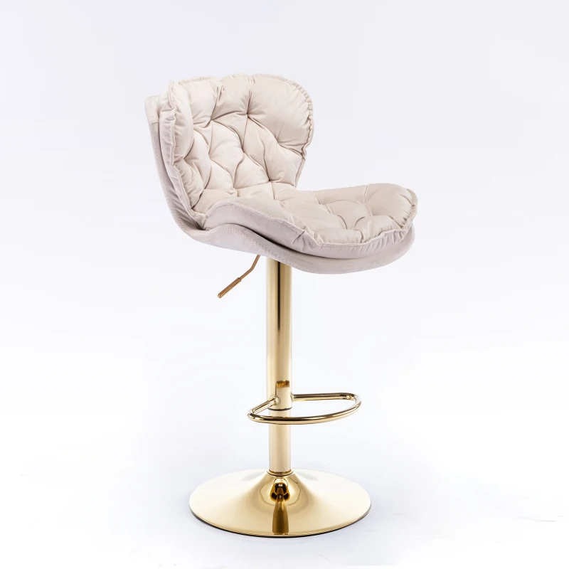 Set of 2 Kitchen Bar Stools with Rolling Edge Backrest and Gold Legs, 360° Rotatable Breakfast Bar Stools with Adjustable Seat Height, Beige