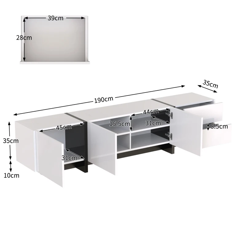 TV-Schrank in Hochglanz mit Türen, Schubladen und Regalen, modernes Design, Weiß und Schwarz