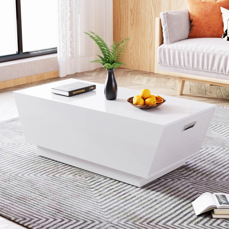 Moderner LED-Couchtisch mit Hochglanzfinish, App-gesteuerter Beleuchtung und verstecktem Stauraum, weiß