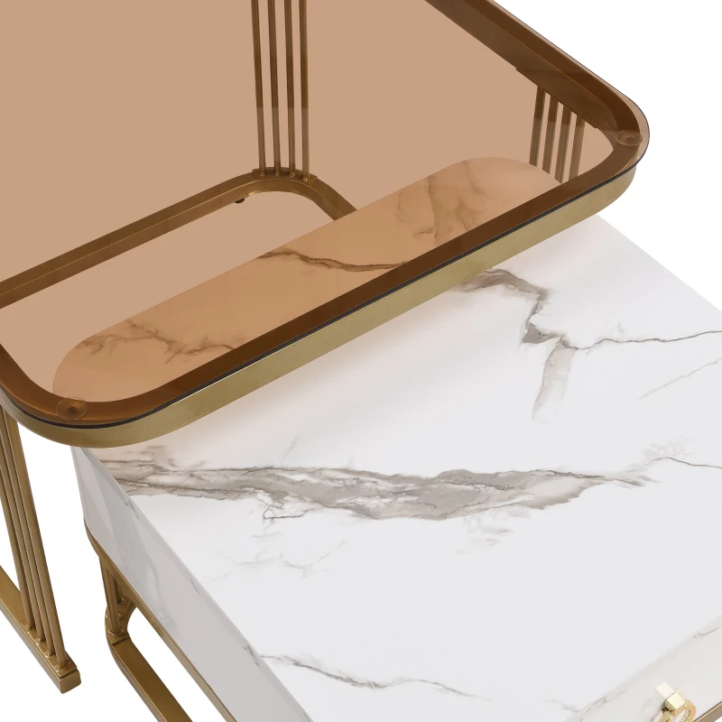 Ensemble de Tables Basses Gigognes en Marbre Poli et Verre avec Détails Dorés et Tiroirs, 60x60x42,5 cm + 50x50x34 cm, Blanc