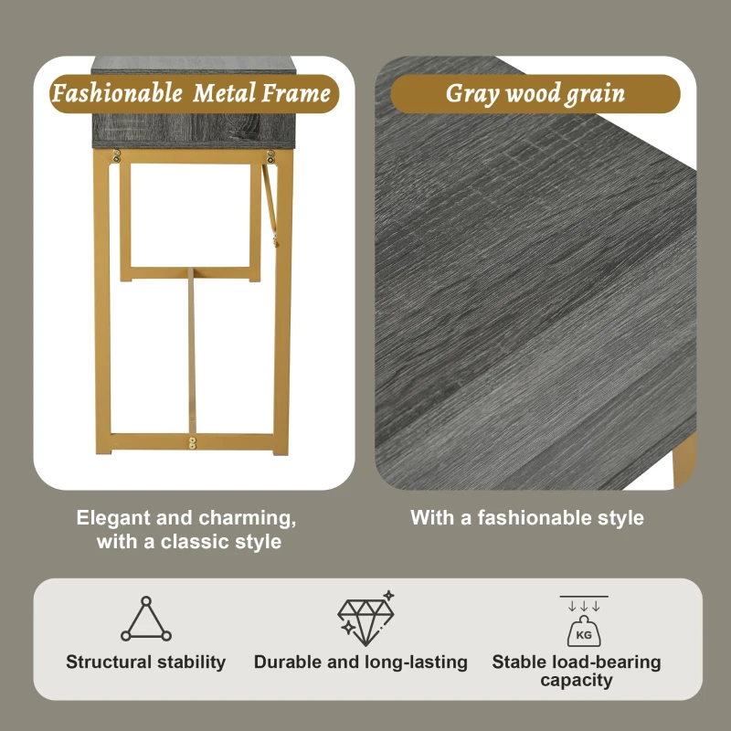 Light Luxury Style Hallway Console Table with Drawer, Metal Frame, MDF Top, Modern Side Table for Living Room, 120x38x76 cm, Grey