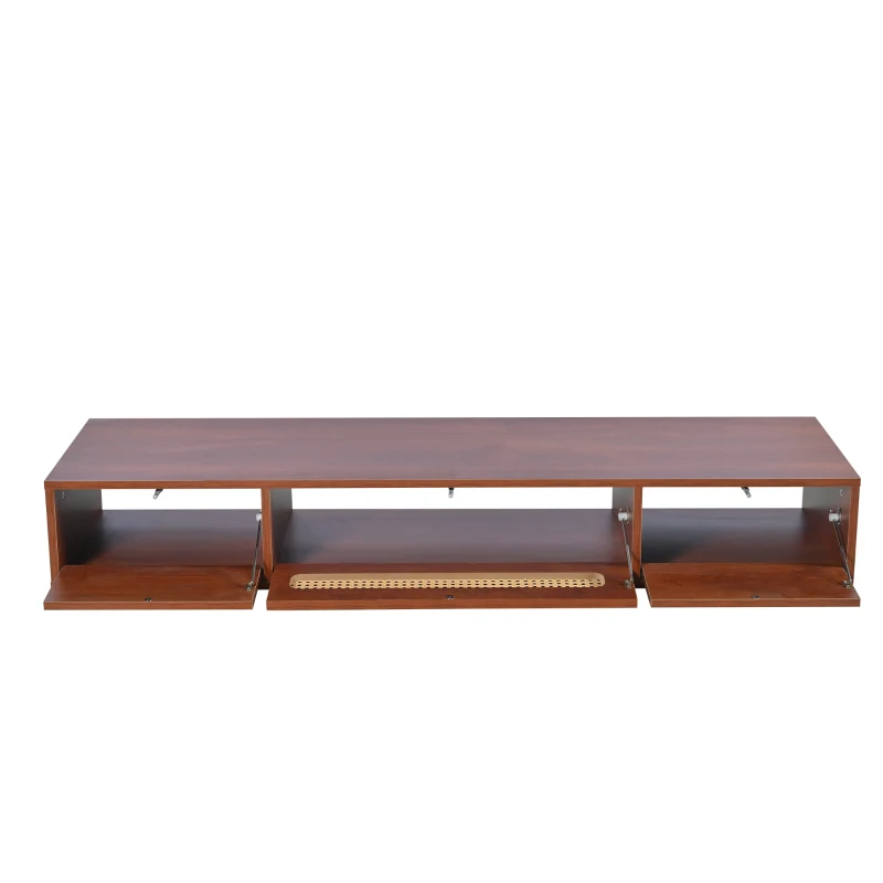 Meuble TV suspendu scandinave en rotin et panneaux de particules avec 3 portes coulissantes, supporte des téléviseurs jusqu'à 60", 140x40x20 cm, Noyer
