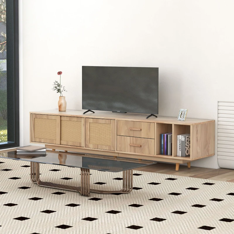 Meuble TV scandinave en rotin pour écrans jusqu'à 80 pouces, console avec portes en rotin, pieds en métal et espace de rangement, naturel