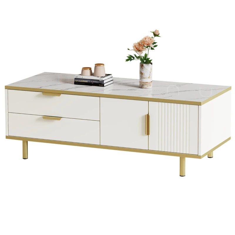 Table basse moderne avec tiroirs, design rayé, plateau en faux marbre et détails en métal doré, 100x50x43 cm, Blanc