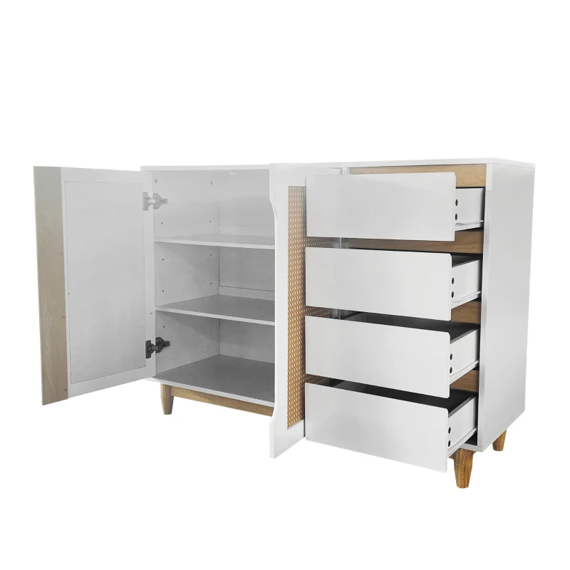 Sideboard mit Rattanimitat-Türen, Schubladen und verstellbaren Regalen, Beine aus Massivholz, Holzfarbe und Weiß