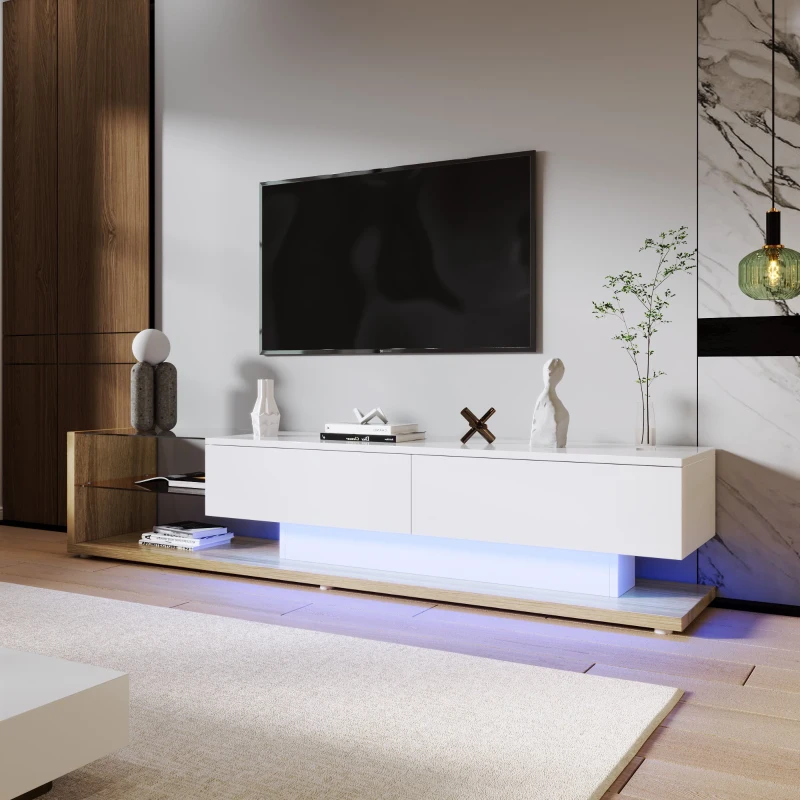 TV-Schrank Hochglanz mit LED-Beleuchtung und Glasböden, Modernes Design im Landhausstil, Weiß
