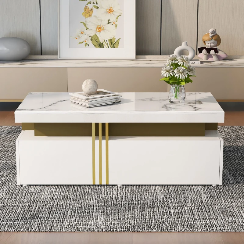 Table Basse de Salon Moderne Rectangulaire avec Plateau en PVC Effet Marbre et 2 Tiroirs, 100x50x40 cm, Blanc