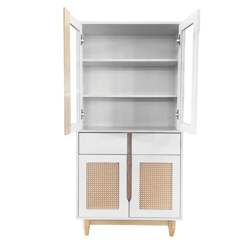 Wohnzimmer-Hochkommode mit Acrylglas-Türen und Rattanmuster, verstellbare Einlegeböden und Echtholzbeine, Natürliche farben
