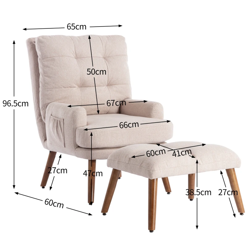 Lounge Sessel mit Hocker, verstellbare Rückenlehne, Seitentaschen, 65x60x96cm, Weiss