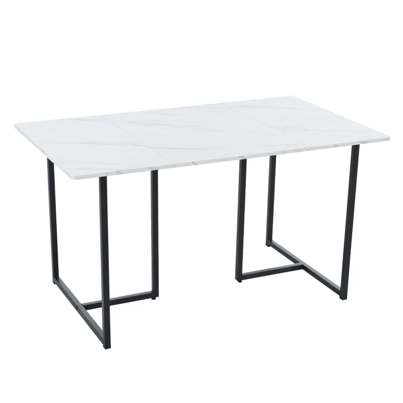 Modern Oblong Dining Room Table with L-Shaped Support Legs, Marble Top Extendable Table with Metal Frame, 140x80x75 cm, White+Black