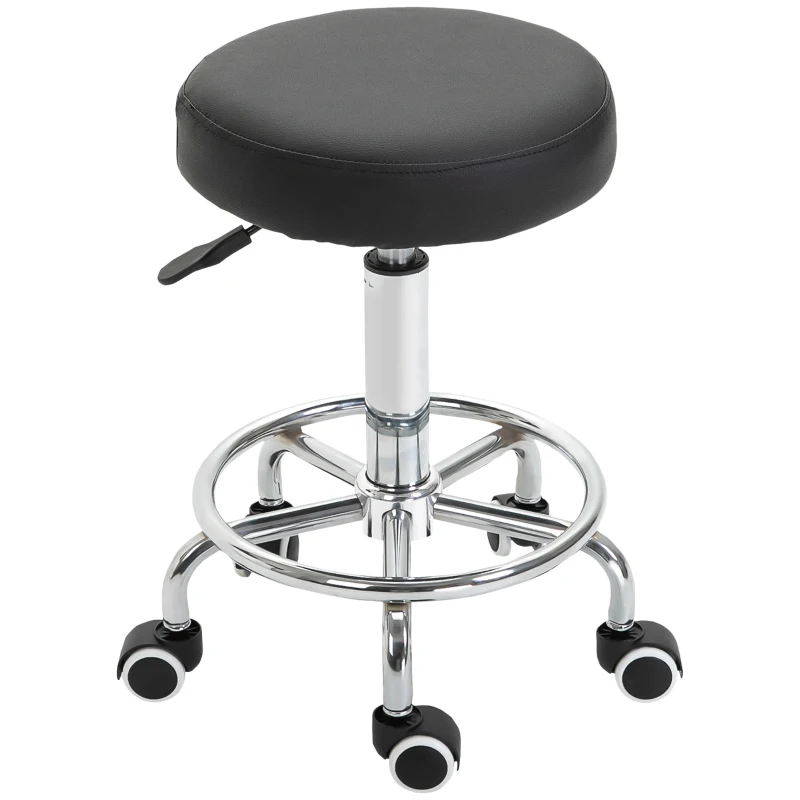 Vinsetto Round Rolling Stool, PU Leather Height Adjustable Stool Chair with Wheels and Swivel Seat for Salon, Massage, Spa, Home Kitchen, Black