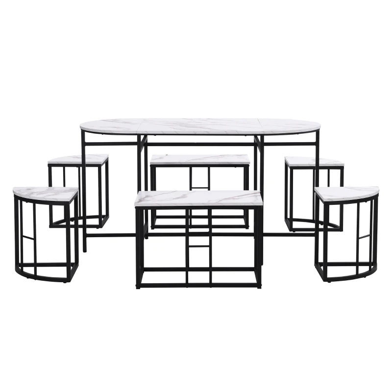 Modern Luxury 6 Seater Dining Table Set with Six Chairs, MDF Seat Cushions and Gold-Plated Iron Frames, Black