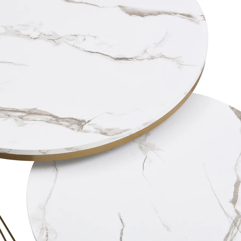 Lot de 2 tables basses gigognes modulables en marbre synthétique avec tiroirs, 70x70x45 cm et 50x50x40 cm, Blanc