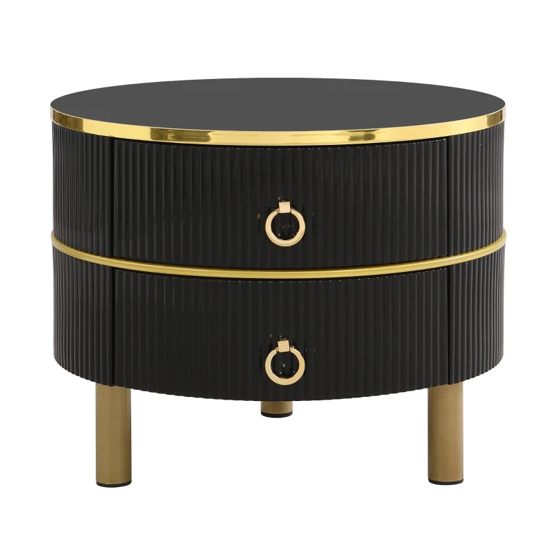 2-in-1 Couchtisch-Set mit Marmormuster und Hochglanz, runde Tische mit Schubladen, MDF und Metallbeine, Weiß+Schwarz