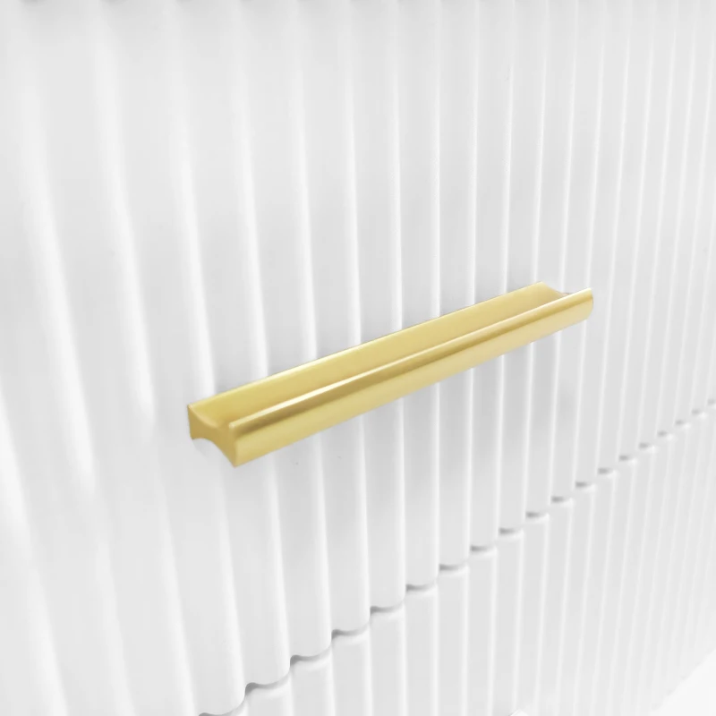 Table basse moderne avec plateau effet marbre et porte en verre trempé, tiroirs ondulés, poignées et pieds dorés, 100x50x40 cm, Blanc