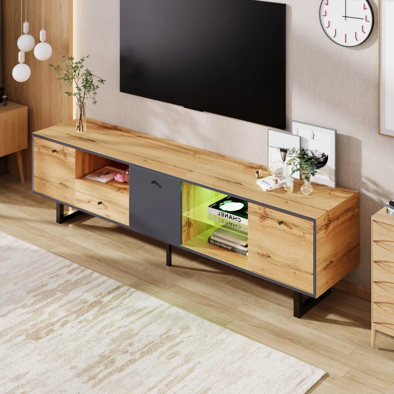 Lowboard TV-Schrank mit LED-Beleuchtung, Glastrennwänden und Pufferscharnieren im modernen Design, Holzfarbe
