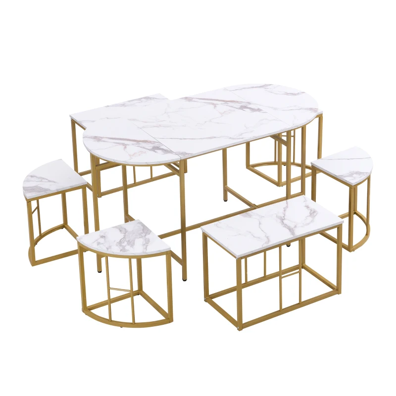 Modern Luxury Rattan 6 Seater Dining Table Set with Six Chairs, MDF Seat Cushions and Gold-Plated Iron Frames, Gold