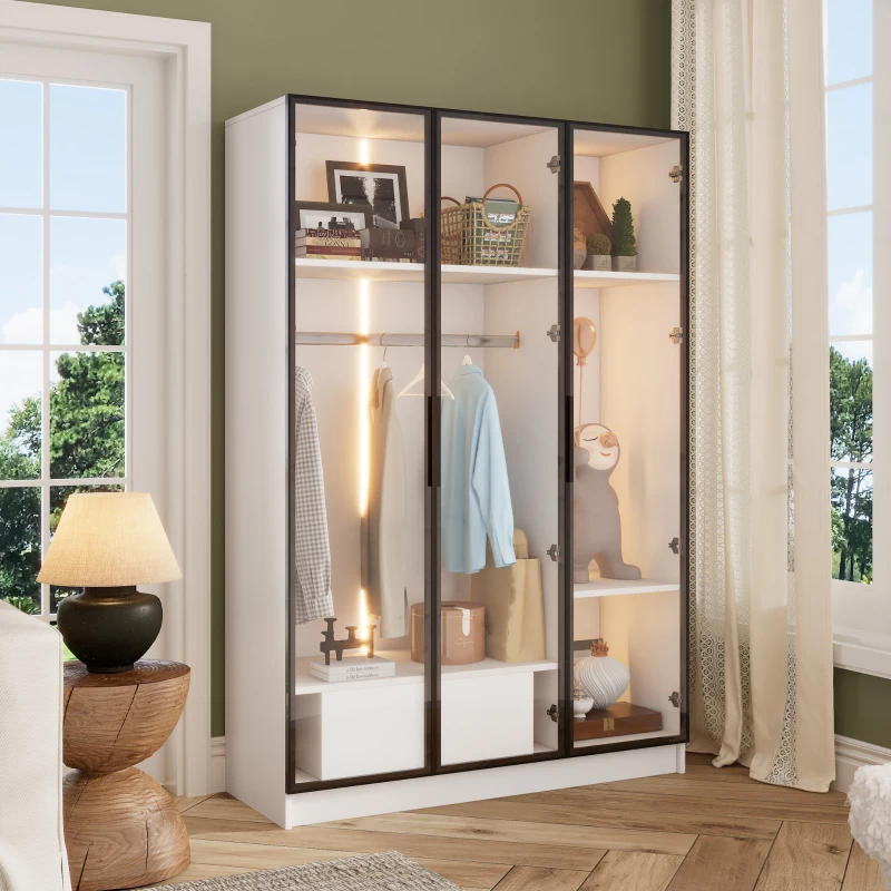 Armoire Penderie Spacieuse avec 3 Portes en Verre, 1 Tiroir et 1 Tringle à Vêtements, Éclairage LED Intégré, 110x50x160 cm, Blanc