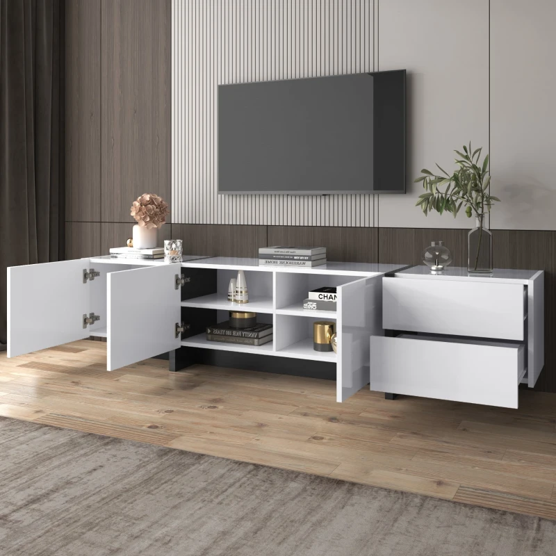TV-Schrank in Hochglanz mit Türen, Schubladen und Regalen, modernes Design, Weiß und Schwarz