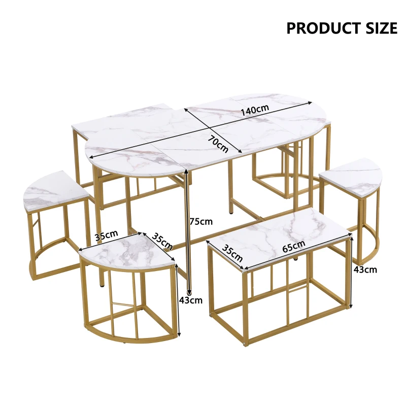 Modern Luxury Rattan 6 Seater Dining Table Set with Six Chairs, MDF Seat Cushions and Gold-Plated Iron Frames, Gold