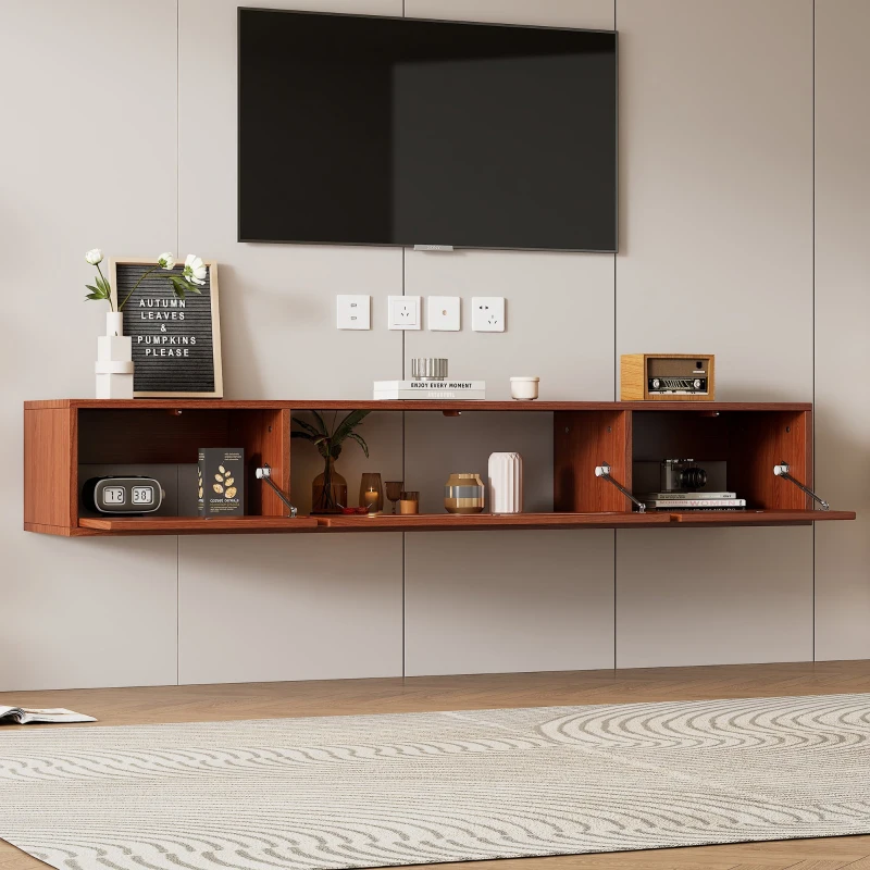 Meuble TV suspendu scandinave en rotin et panneaux de particules avec 3 portes coulissantes, supporte des téléviseurs jusqu'à 60", 140x40x20 cm, Noyer