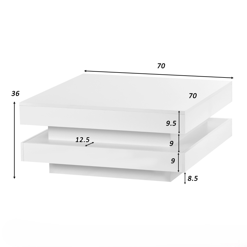 Table Basse Moderne avec Plateau Tournant à 360° et Éclairage LED à 16 Couleurs, 70x70x36 cm, Blanc
