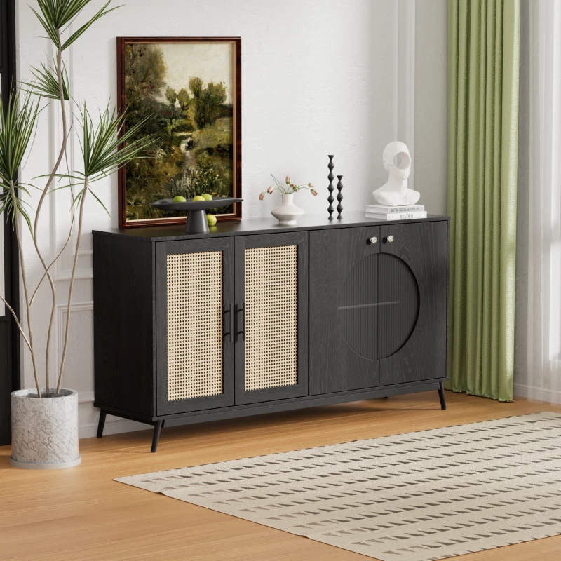 Sideboard mit Glastüren aus Rattan, halbrundem Design und großem Stauraum, Schwarz