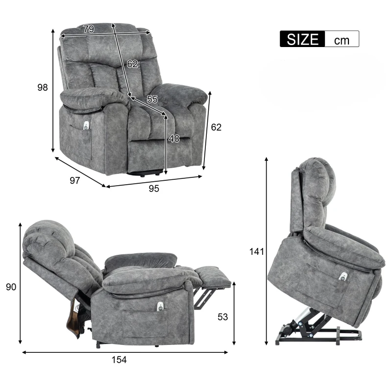 Chaise longue de massage électrique, chauffante, relevable, velours, avec télécommande et 2 porte-gobelets, capacité de charge 150 kg, Gris