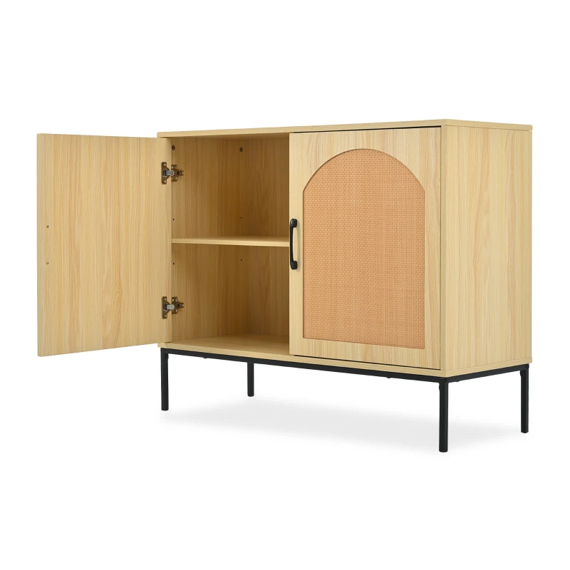 Rattan Aufbewahrungsschrank mit Metallgriffen und verstellbaren Regalböden, stilvoller Wohnzimmerschrank mit natürlichem Design und stabilen Metallbeinen, Helles Eichenholz