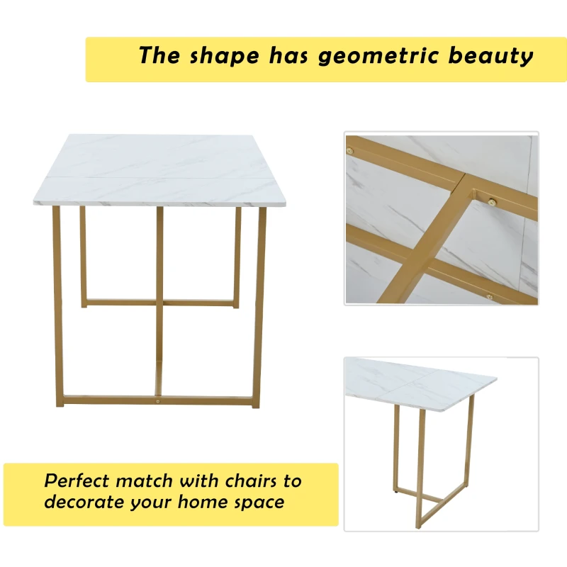 Modern Rectangular Extendable Dining Table with Adjustable L-shaped Support Legs, Marble Pattern Top, Table for Dining Room Living Room, 140x80x75 cm, White/Gold
