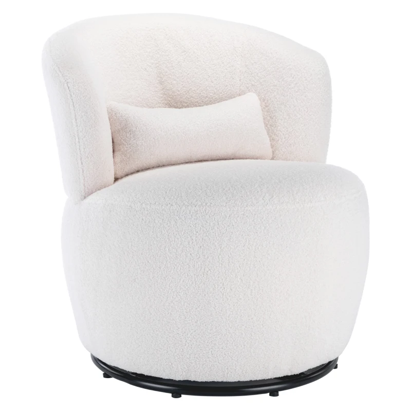 Fauteuil de Bureau Pivotant en Peluche Teddy avec Coussin Lombaire, Base en Métal Pivotante à 360°, Capacité 100 kg, 65x70x73 cm, Blanc