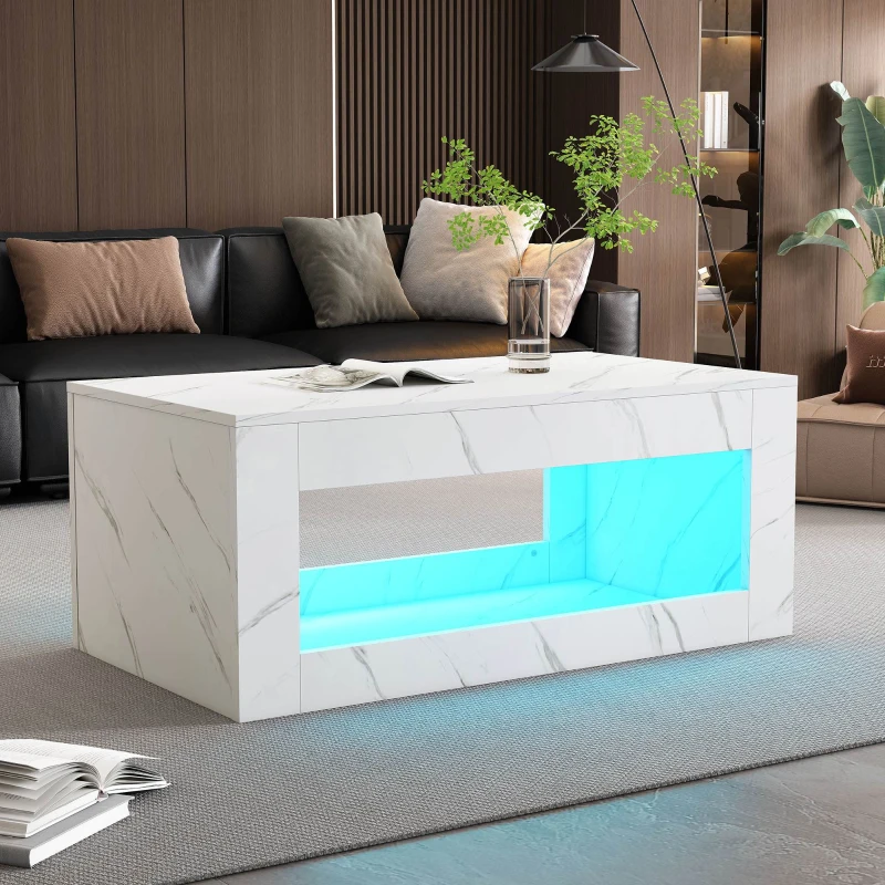 Table basse moderne relevable avec LED à 16 couleurs, télécommande et grand espace de rangement, 100x50x50 cm, Blanc