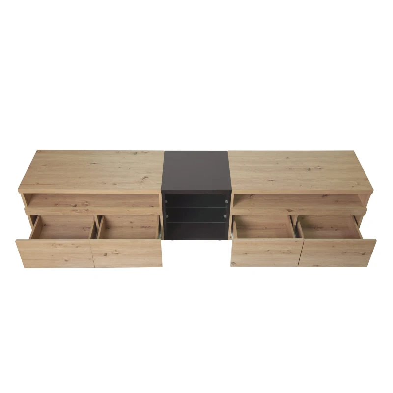 TV-Schrank mit Schubladen und Glastrennwänden im Farbblockdesign , Schwarz + Holz