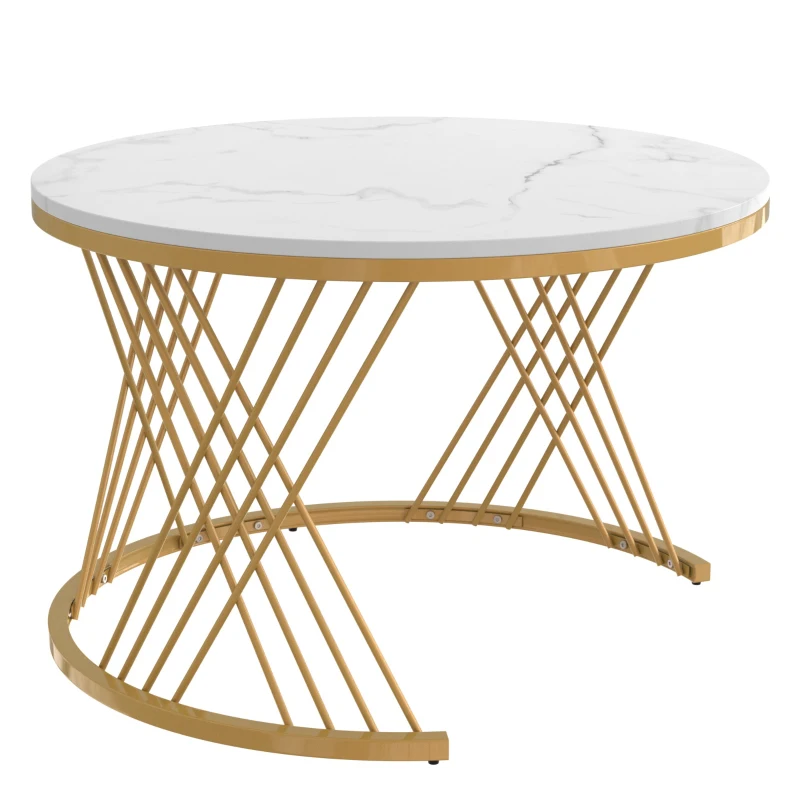 Couchtisch 70cm Runder Marmormuster Platzsparender 2-in-1 mit Rattan-Schubladen u. Griffen, vergoldeten Füßen Weiß