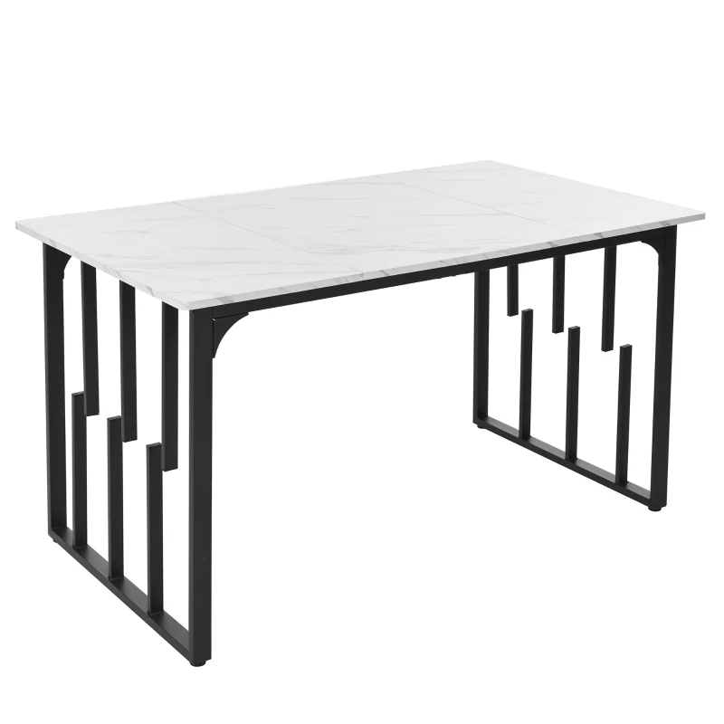 Modern Oblong Dining Room Tables with Iron Square Tube Legs, Kitchen Units with Marble Pattern, 140x80x75 cm, White+Black