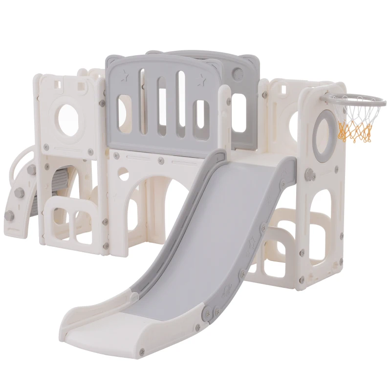 Toboggan multifonctionnel pour enfants 6 en 1 avec rampe, double plateforme, casiers, panier de basket et échelle, 174x150x95 cm, Gris+blanc