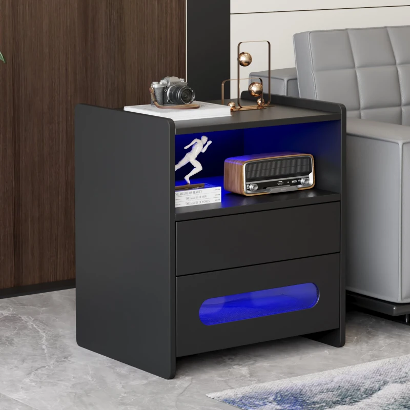 Table de chevet intelligente avec télécommande et grand espace de rangement, avec éclairage LED intégré et 2 tiroirs, mélamine, 50x40x58 cm, Noir