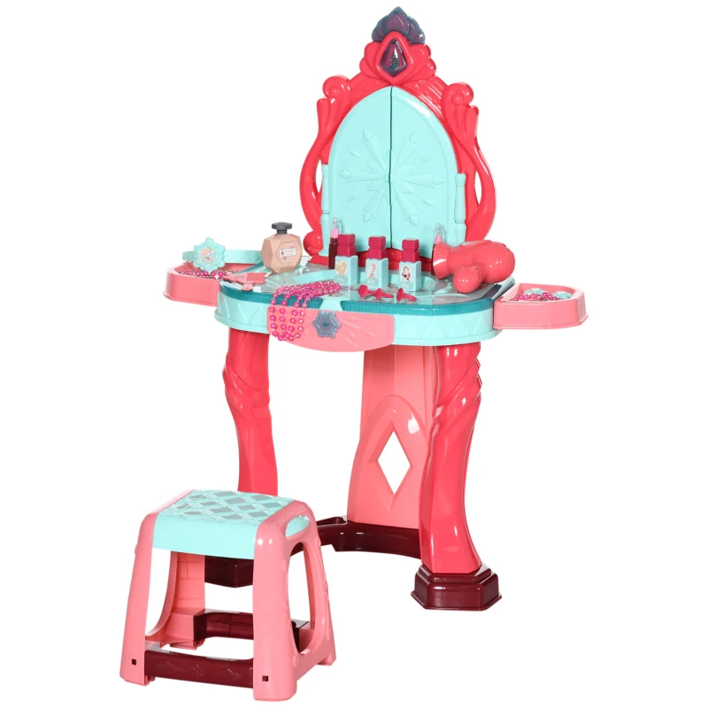 AIYAPLAY Toucador Infantil com Banco Espelho Luz Música e Secador Inclui 18 Acessórios Toucador de Maquilhagem 57x34x76cm Multicor