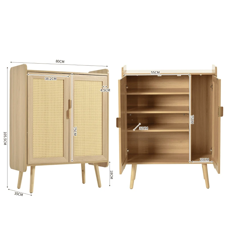 Sideboard Kommode mit Rattan-Türen, verstellbaren Regalböden und Massivholzfüßen - Schuhschrank mit Metallgriffen und Kippsicherung, Natur