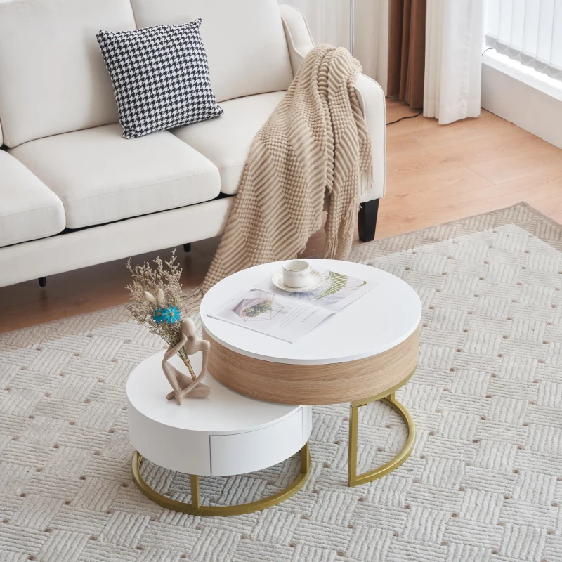 Ensemble de Tables Basses Relevables et Extensibles avec Deux Tiroirs, Design Élégant en MDF, 70x70x42/56,5 + 60x60x24 cm, Blanc