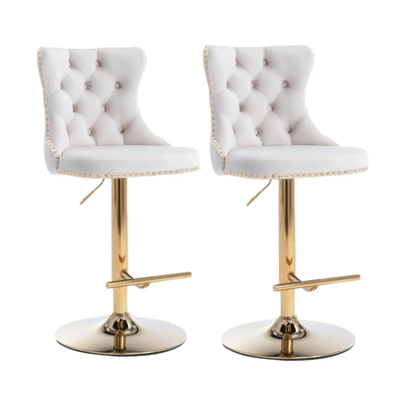 Set of 2 Adjustable Velvet Bar Stools with Backrest, Gold Electroplated Legs, 360° Rotatable, 62-82 cm Height, 45x45 cm Base, Up to 136 kg Load, Beige