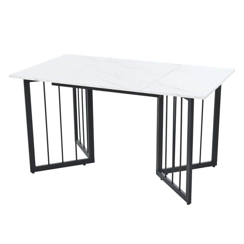 Kitchen Table in Oblong Shape with V-shaped Support Legs, Extendable Table with Marble Top, Metal Frame, 140x80x75 cm, White+Black