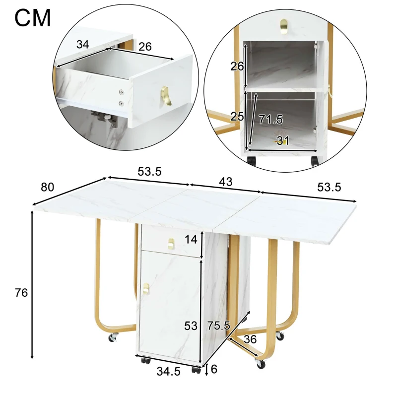 Folding Extendable Dining Table with Cupboard and 2 Drawers, Space-Saving Utility Table with Castors and Adjustable Legs, White/Gold