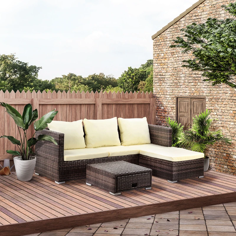 Outsunny 3 Pieces Rattan Garden Furniture Sofa Set, 4 Seater Garden Corner Sofa with 5-Level Reclining Sun Lounger and Storage Coffee Table, Outdoor Furniture Conservatory Set with Cushions, Brown