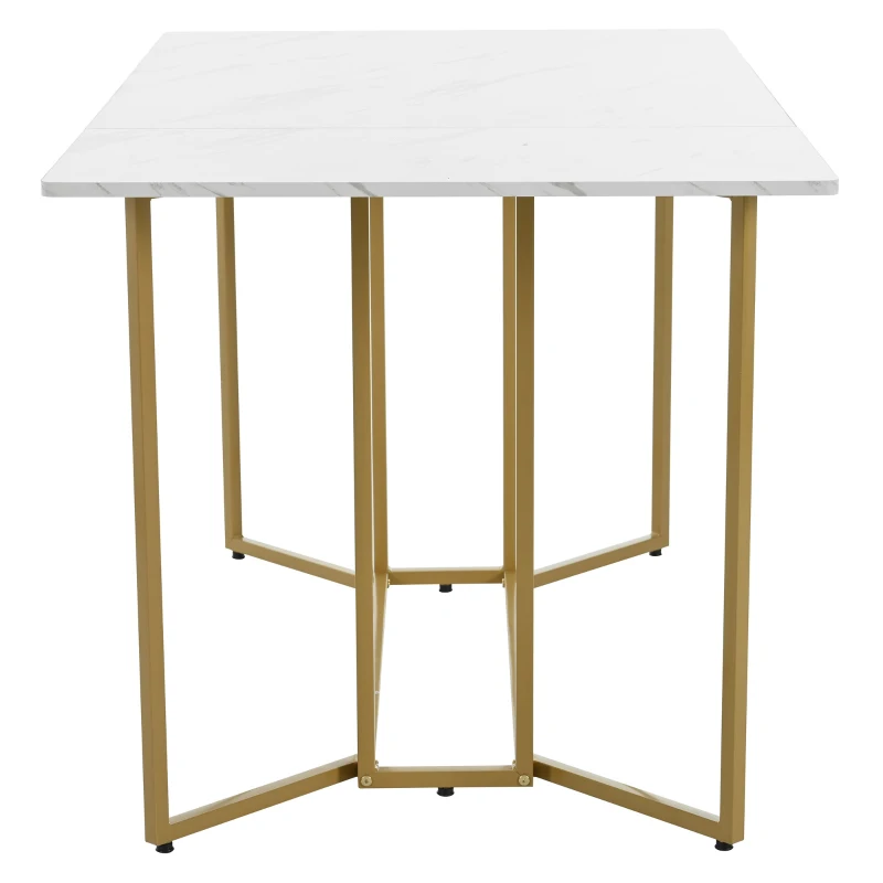 Modern Dining Room Table in Marble Top with Adjustable Metal Legs, Rectangular Extendable Table for Kitchen, 140x80x75 cm, White+Gold