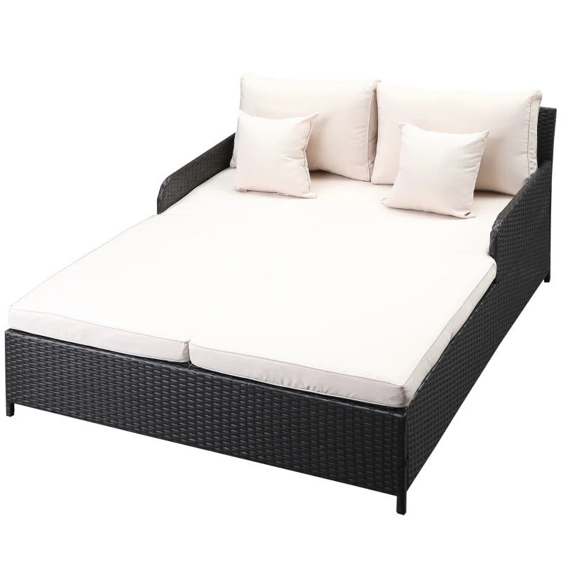 Outsunny Lit canapé double pour jardin en résine tressée PE avec matelas, accoudoirs et 4 coussins dim. 158L x 134l x 70H cm - brun foncé et crème