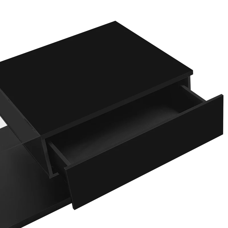 Couchtisch Hochglanz Schwarz mit Glasplatte und LED-Beleuchtung, Modernes Design und Praktisches Ablagefach, schwarz